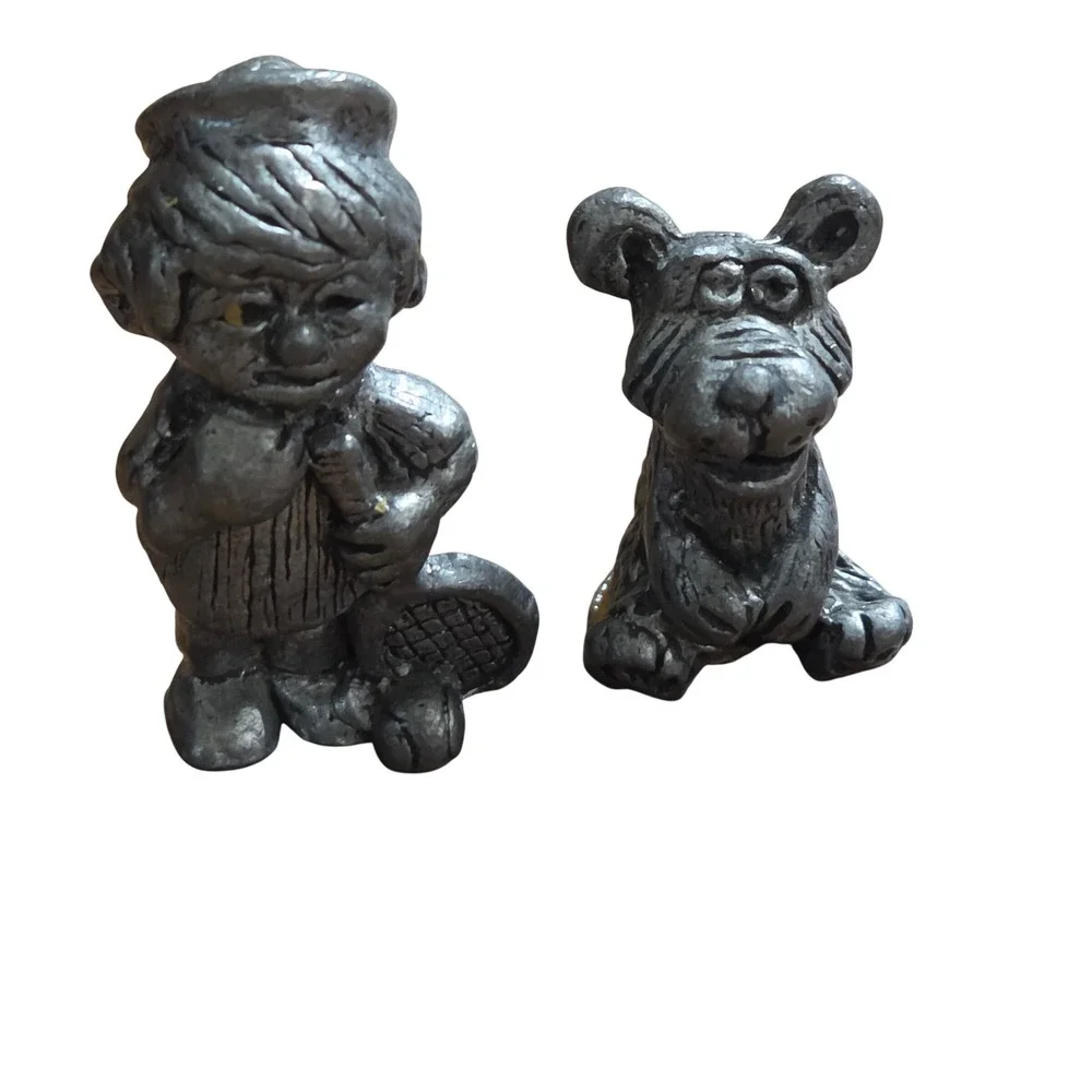 Lot of 2 Vintage 70s Miniature Pewter Metal Figurines Boy with Tennis Racket
